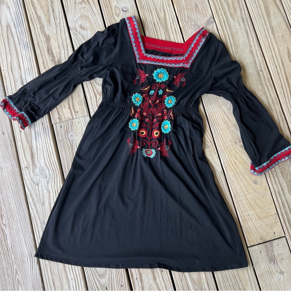 Double D Ranch dress L black red embroidery birds flowers jeweled